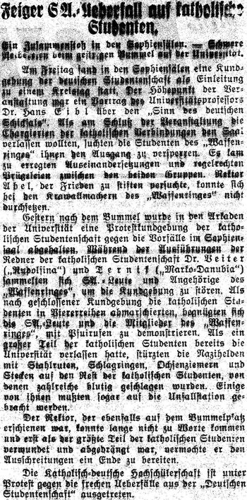 Zeitungsbericht zum Überfall der SA auf CVer im Dezember 1932