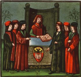 Aufnahme von Studenten in die „Natio Germanica Bononiae“, die deutsche Nation an der Universität Bologna, Darstellung aus dem 15. Jahrhundert
